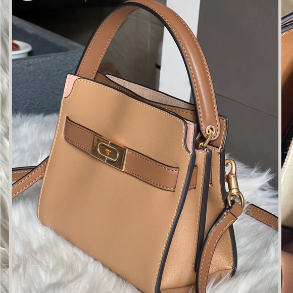 NWT Tory Burch Lee Radziwell Petite Double Bag Tiramisu Tan Leather Crossbody - Picture 11 of 13